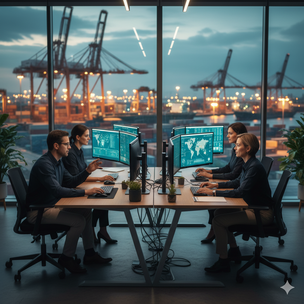 Equipo de Aduanas Anachi trabajando en oficina con vistas al puerto